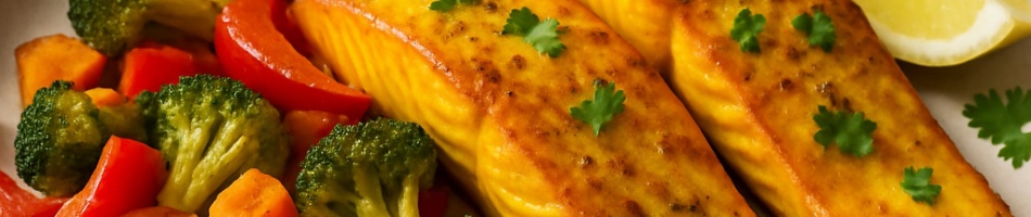 Lachsfilet mit gebratenem Gem&uuml;se und Kurkuma-Ghee