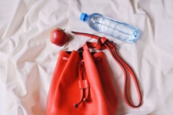 Damenhandtasche mit Wasser und einem Apfel