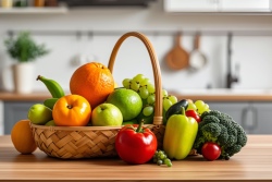 Goed gevulde fruitmand op tafel