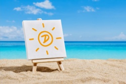 Strand met schildersezel met afbeelding van de zon en vitamine D Strand met schildersezel met afbeelding van de zon en vitamine D