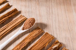 Getrocknete Katzenkrallenrinde auf einem Löffel Getrocknete Katzenkrallenrinde auf einem Löffel